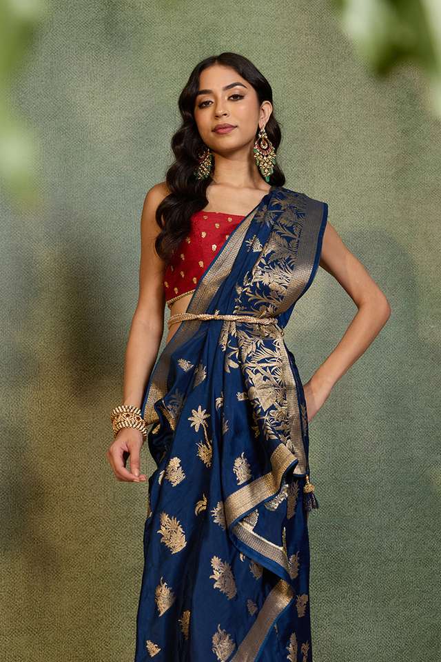 Dark Blue Woven Pure Viscose Saree image number