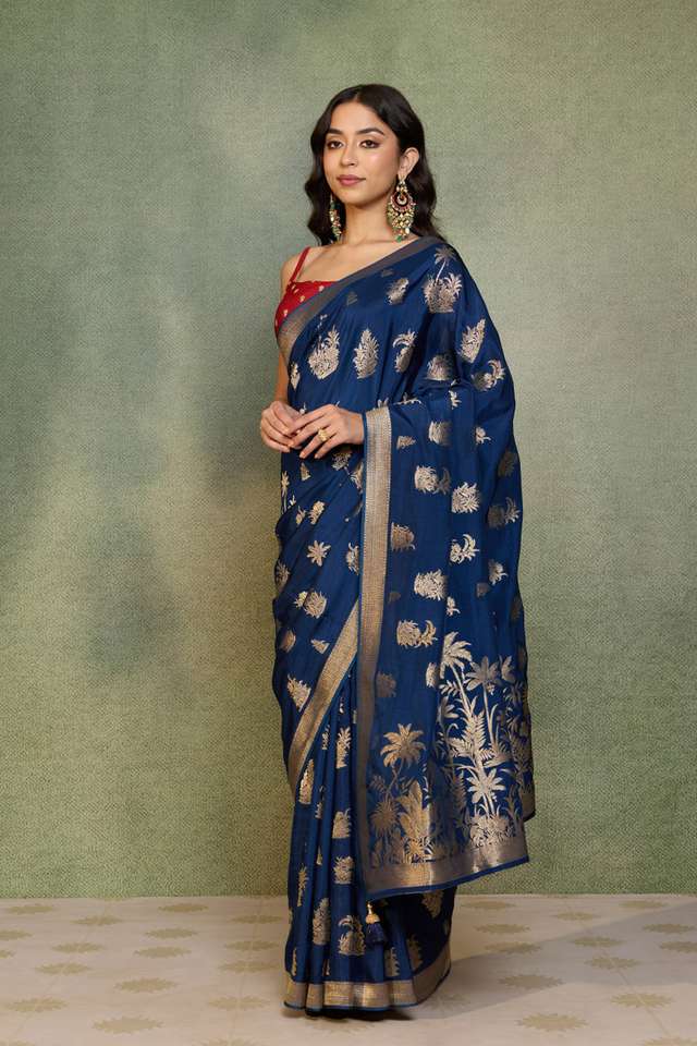 Dark Blue Woven Pure Viscose Saree thumbnail image number null