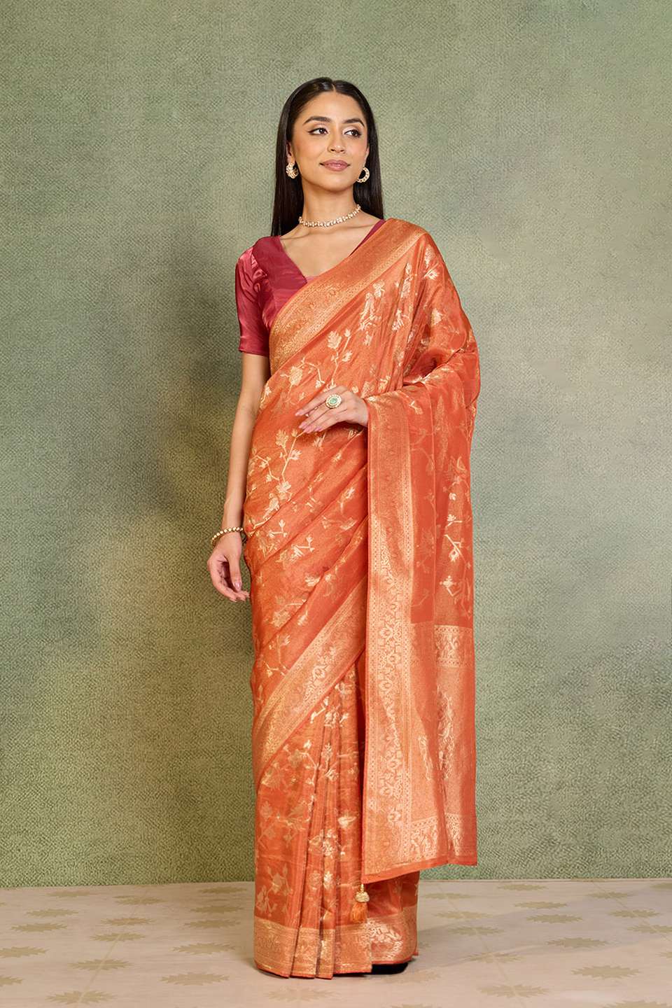 Orange Woven Viscose Tissue Saree