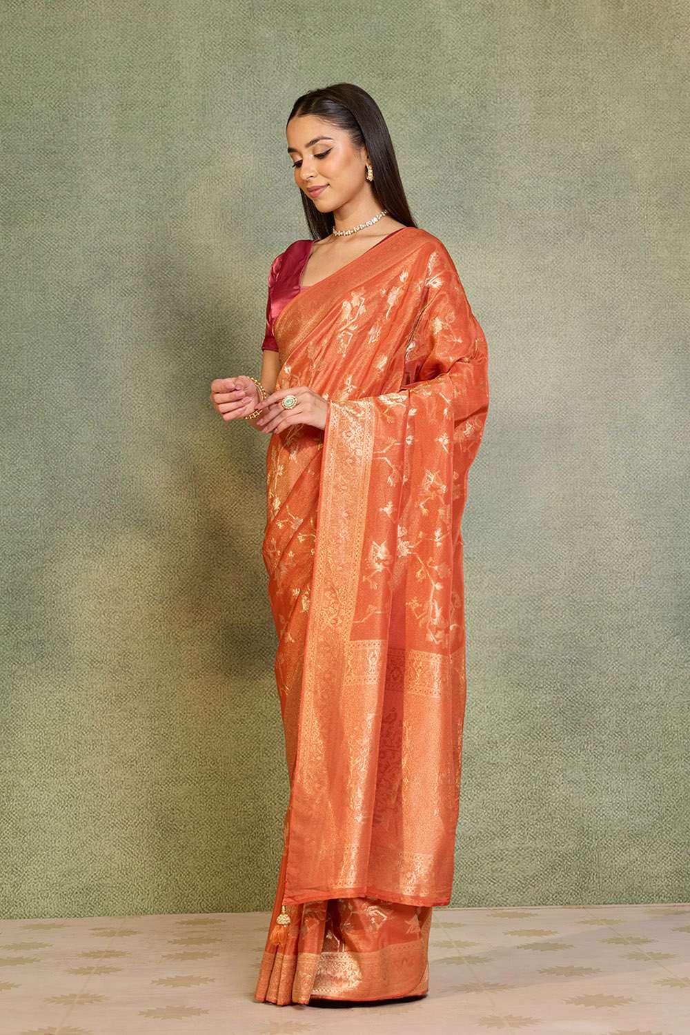 Orange Woven Viscose Tissue Saree image number null