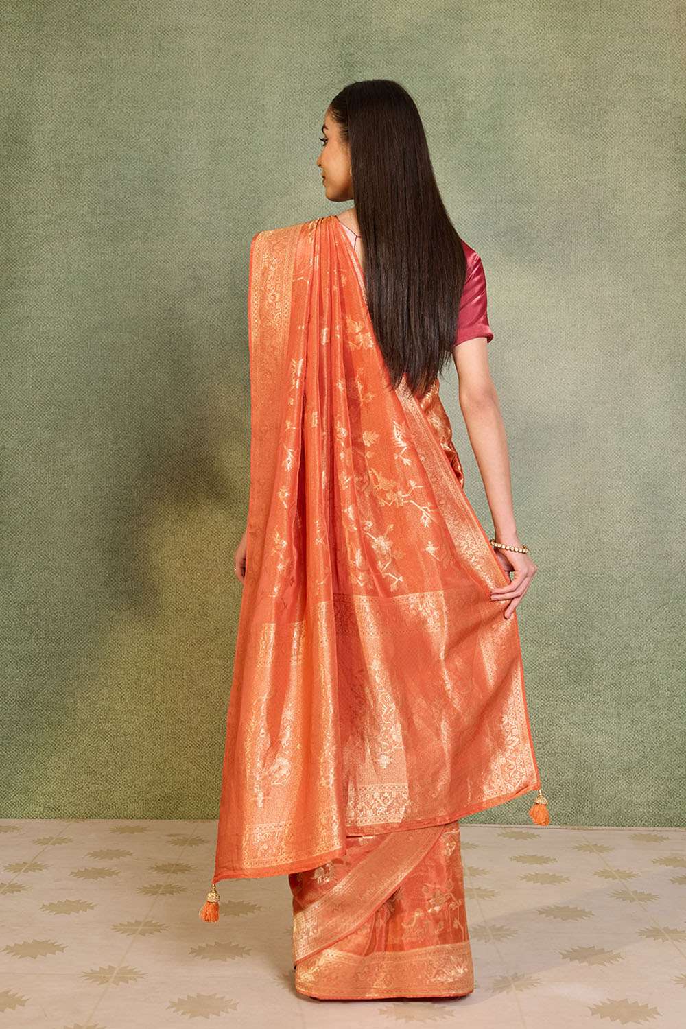 Orange Woven Viscose Tissue Saree image number null