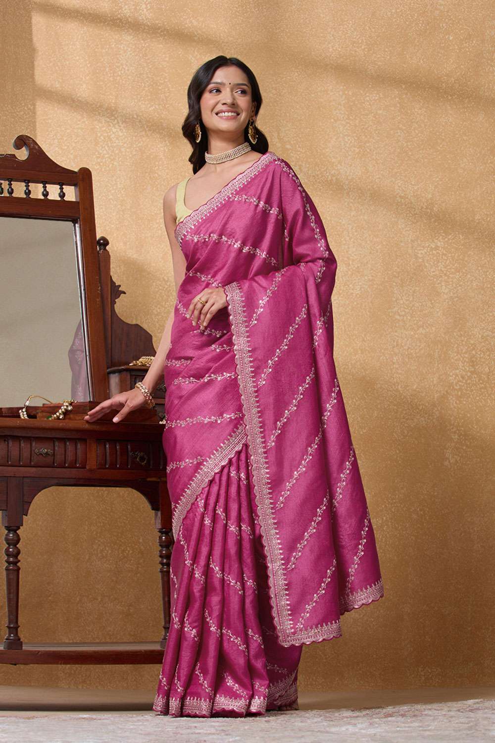 Pink Pure Tussar Silk Embroidered Saree image number null