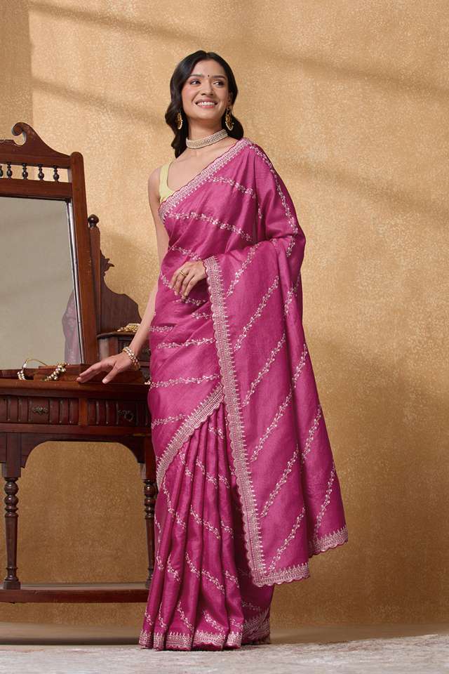 Pink Pure Tussar Silk Embroidered Saree image number