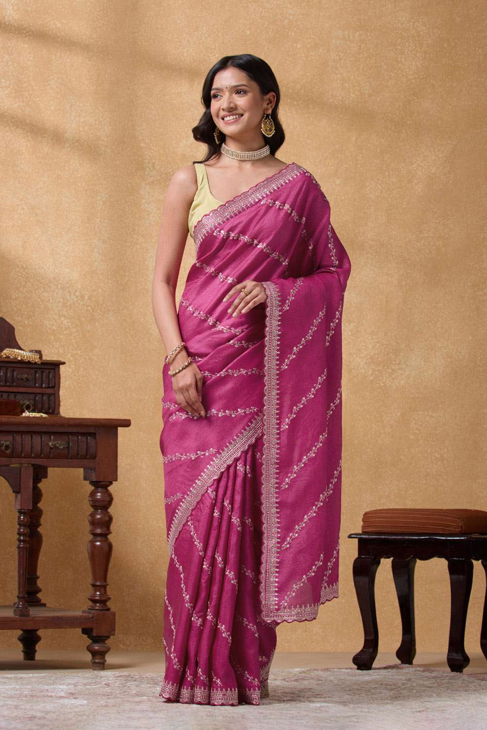 Pink Pure Tussar Silk Embroidered Saree image number null