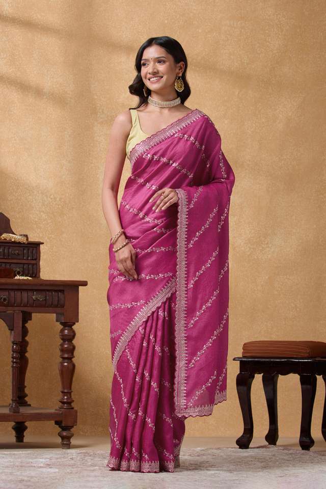 Pink Pure Tussar Silk Embroidered Saree thumbnail image number null