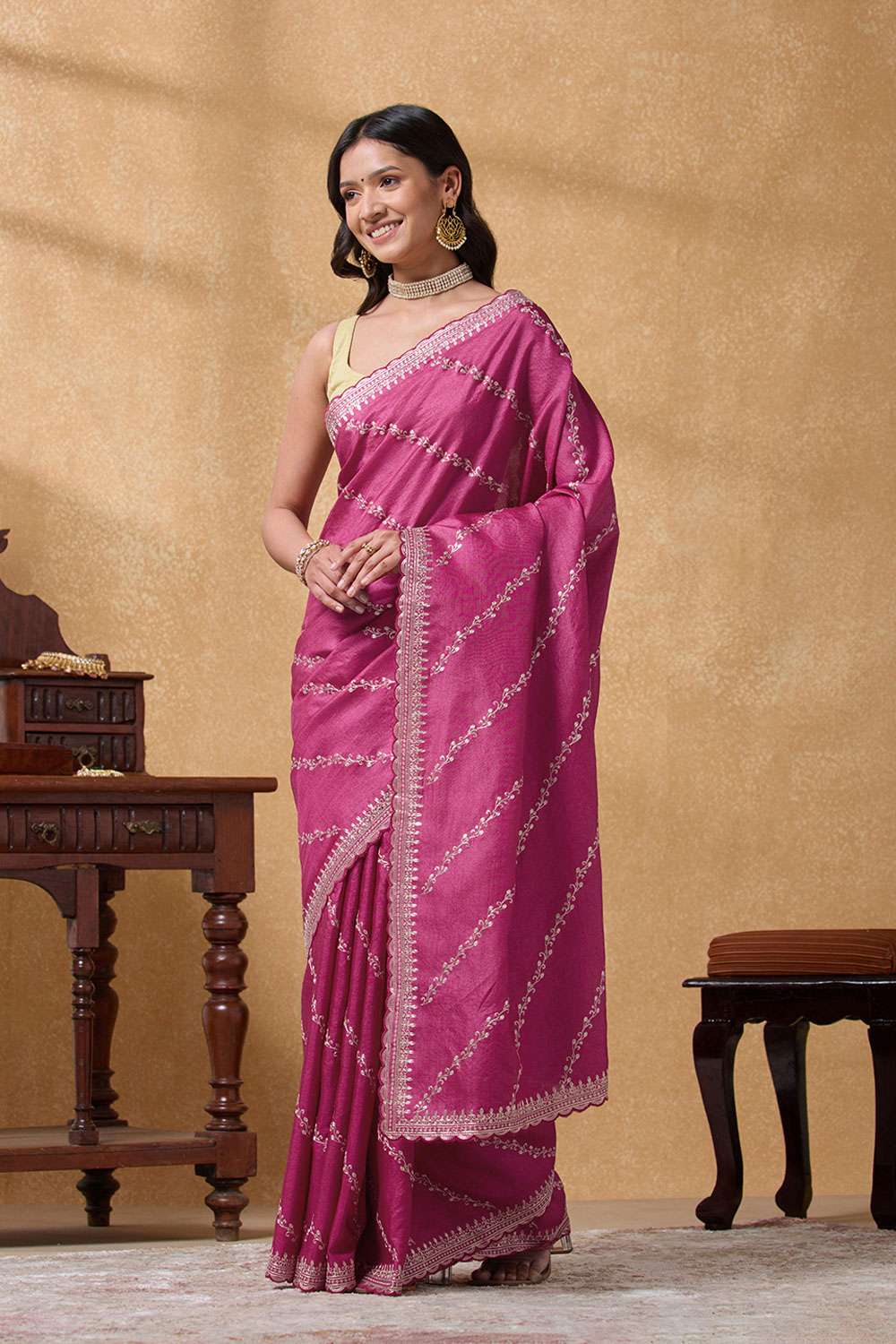 Pink Pure Tussar Silk Embroidered Saree image number null