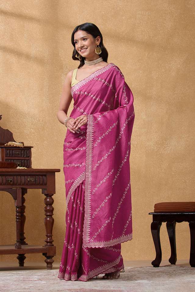 Pink Pure Tussar Silk Embroidered Saree thumbnail image number null