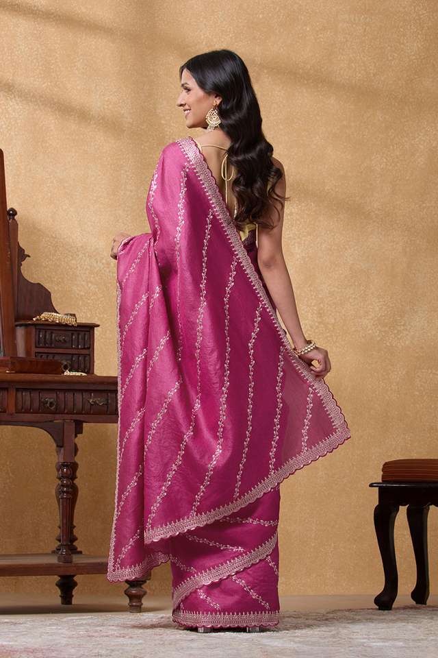 Pink Pure Tussar Silk Embroidered Saree thumbnail image number null