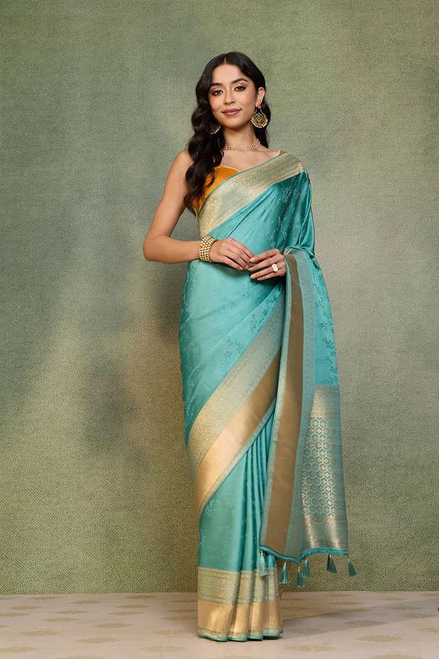 Blue Viscose Satin Tanchoi Saree thumbnail image number null