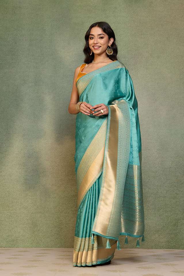Blue Viscose Satin Tanchoi Saree thumbnail image number null