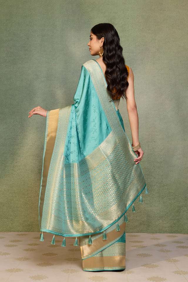Blue Viscose Satin Tanchoi Saree thumbnail image number null