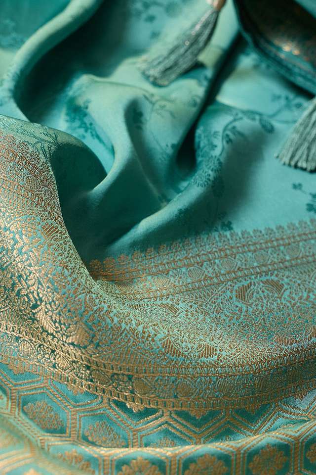 Blue Viscose Satin Tanchoi Saree thumbnail image number null