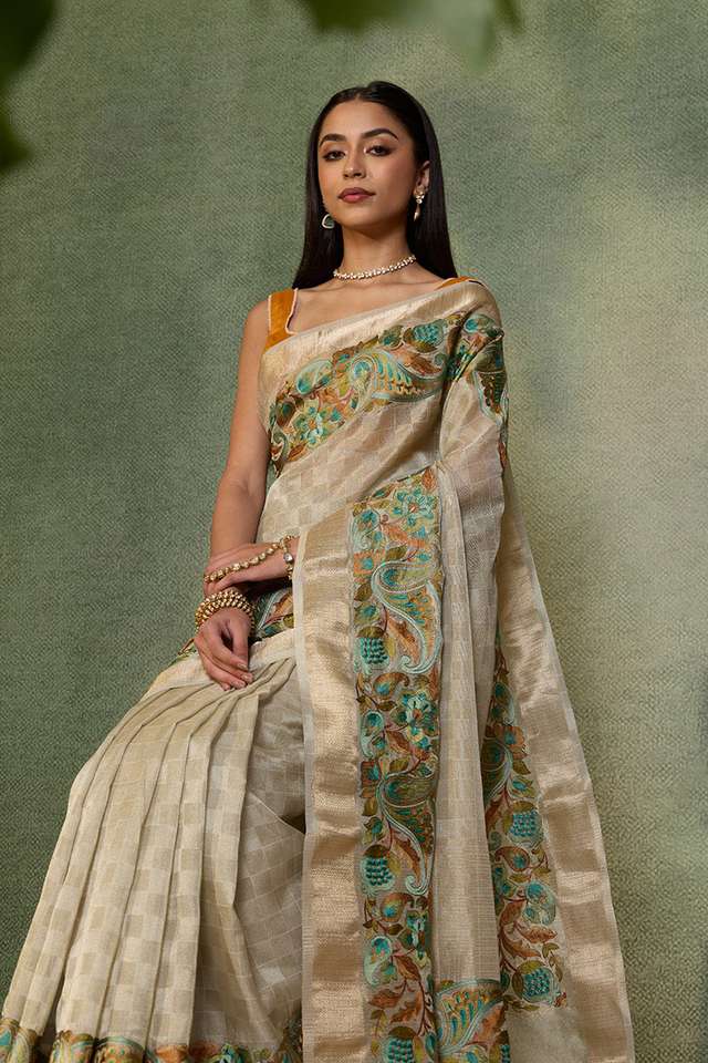 Grey Embroidered Viscose Tissue Saree image number