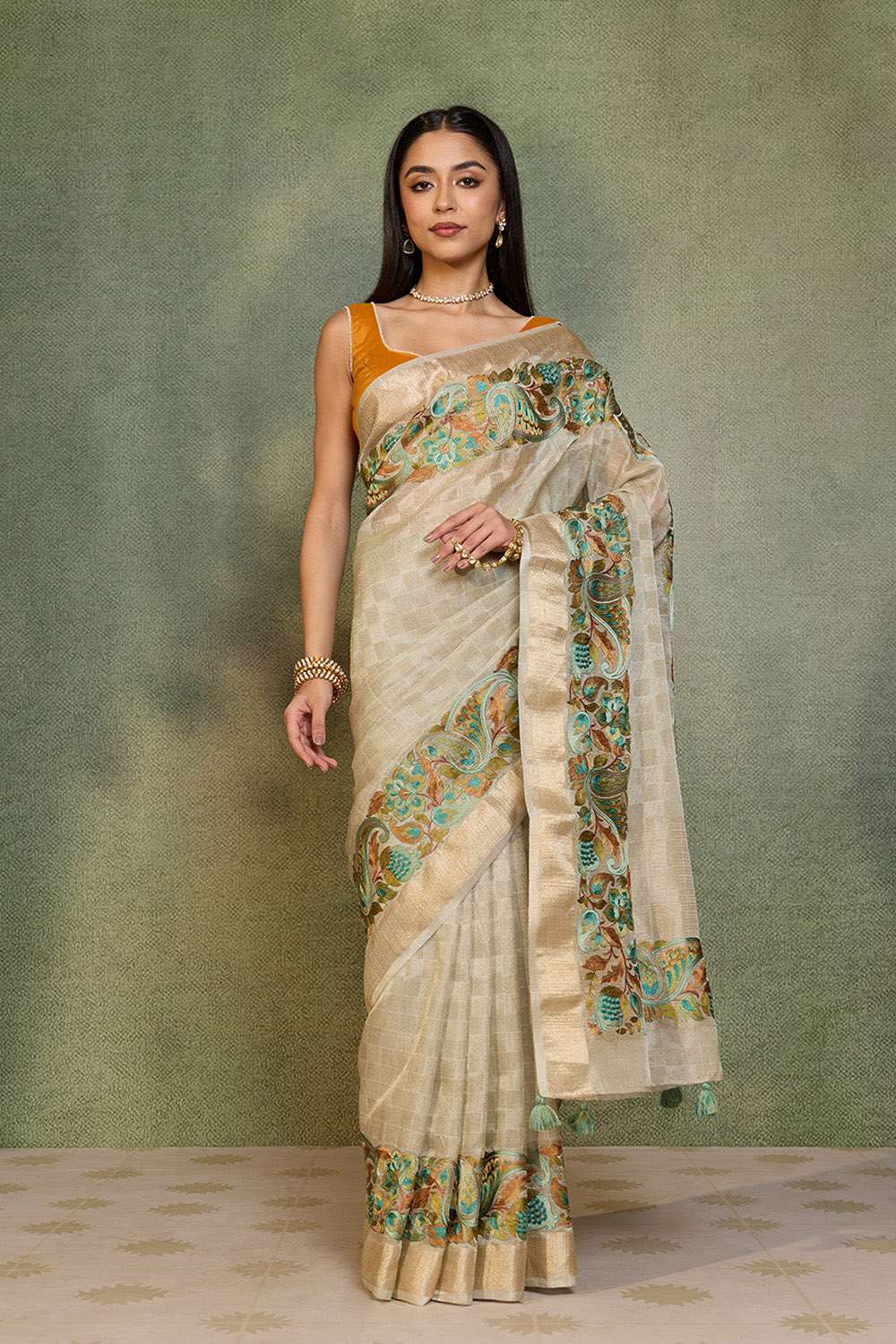 Grey Embroidered Viscose Tissue Saree image number null