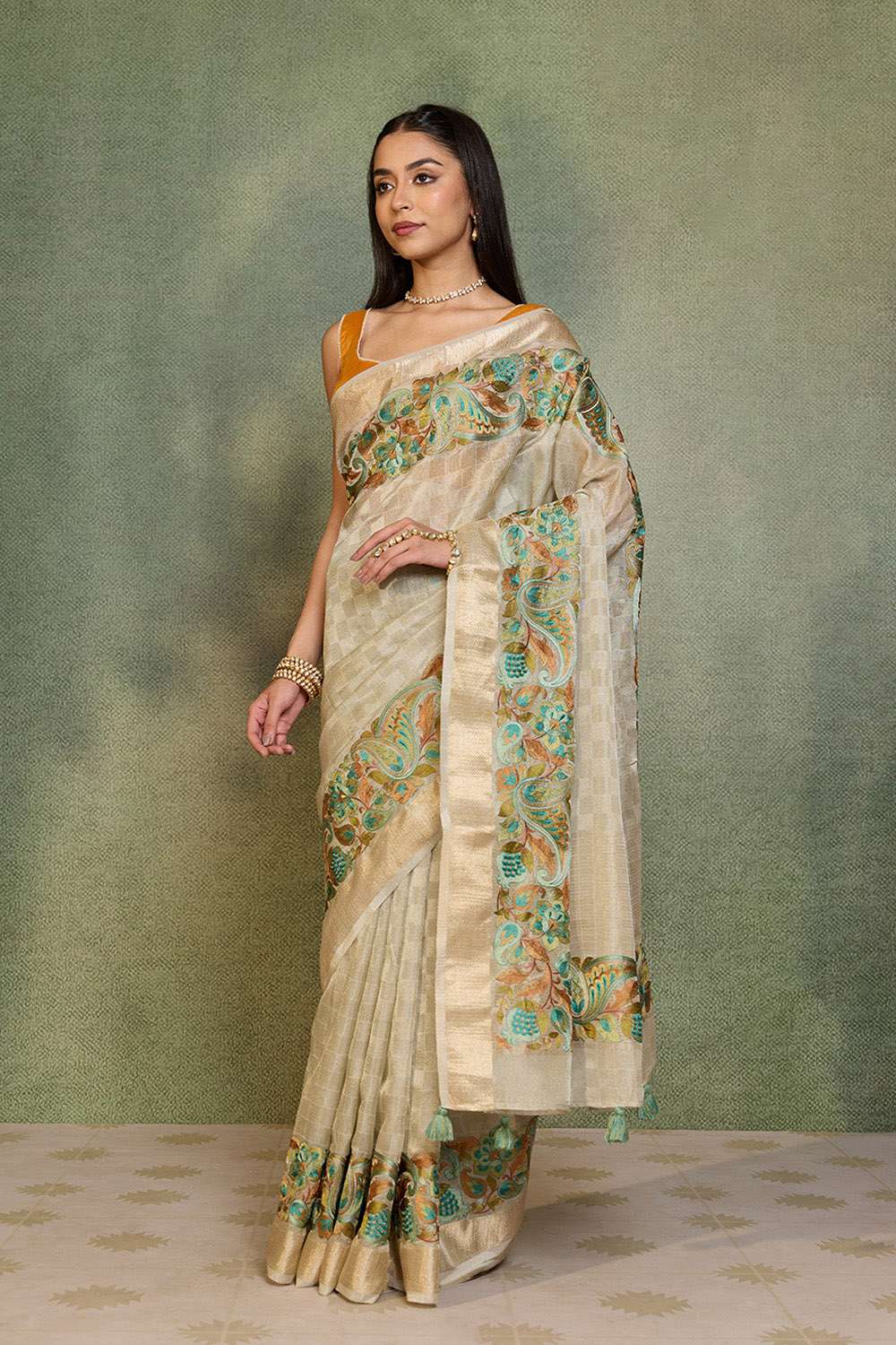 Grey Embroidered Viscose Tissue Saree image number null