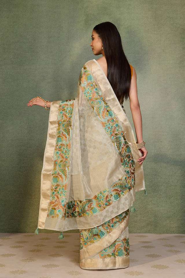 Grey Embroidered Viscose Tissue Saree thumbnail image number null