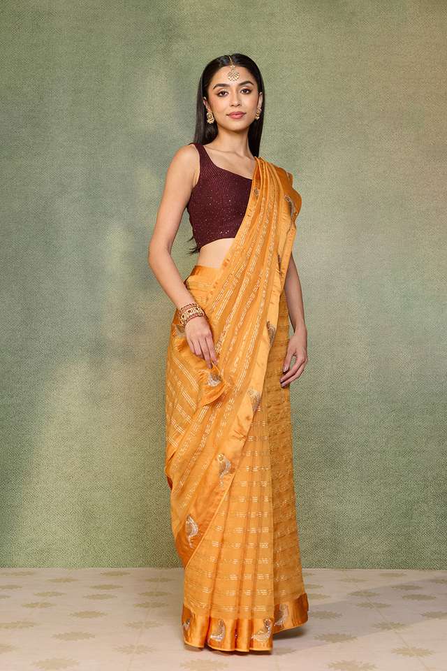 Yellow Embroidered Pure Viscose Saree thumbnail image number null