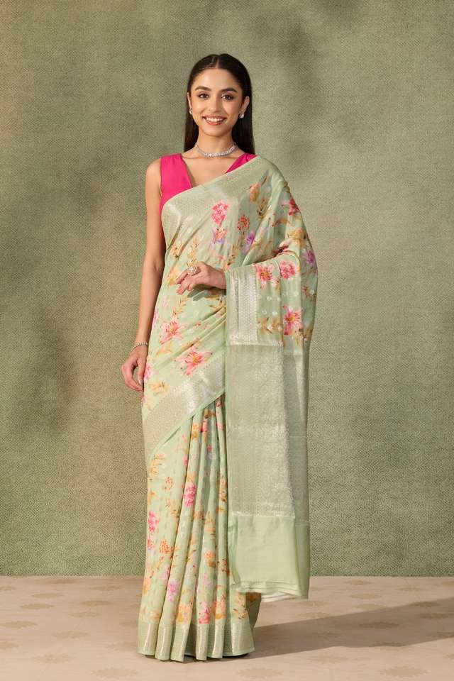 Light Green  Printed Silk Viscose Saree thumbnail image number null