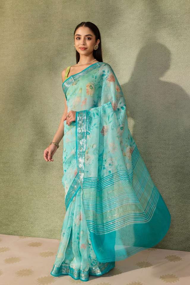 Light Blue  Printed Silk Viscose Saree image number