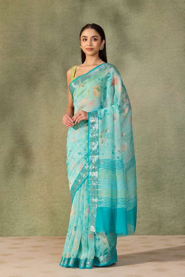 Light Blue  Printed Silk Viscose Saree thumbnail image number null
