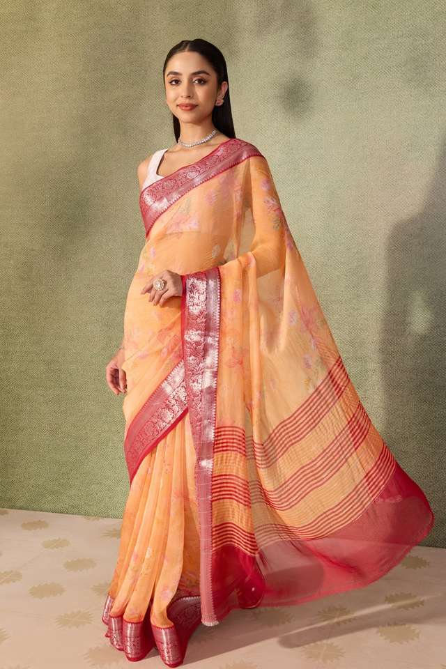 Light Orange  Printed Silk Viscose Saree image number