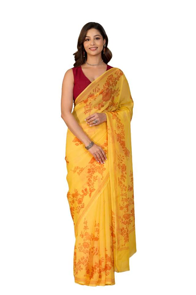 Yellow Screen Printed Pure Viscose Saree image number
