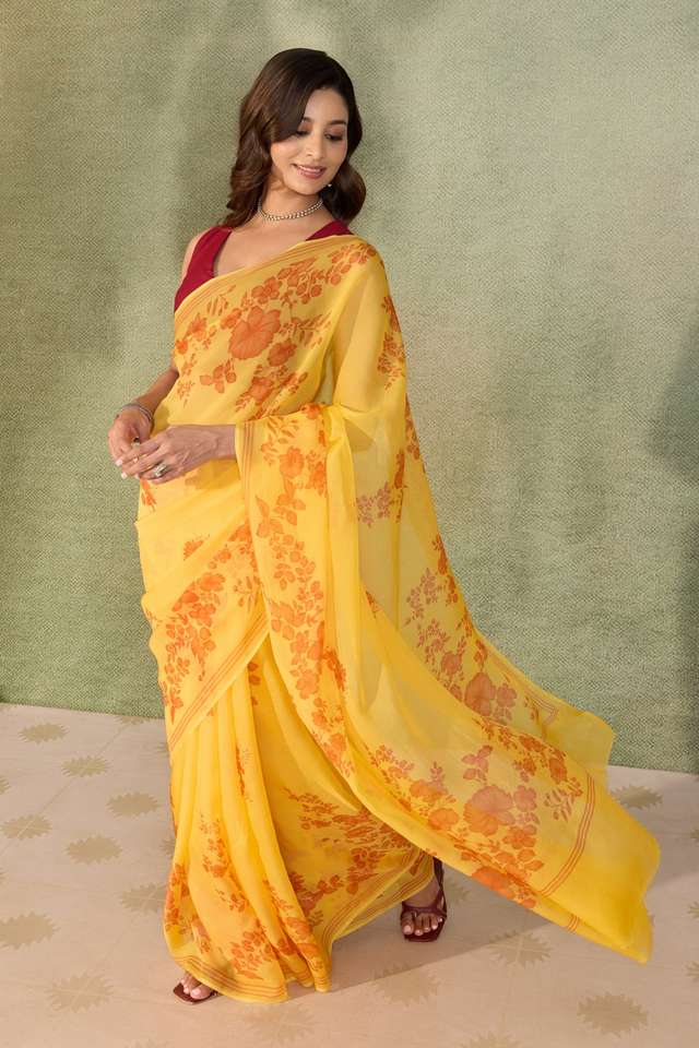 Yellow Screen Printed Pure Viscose Saree thumbnail image number null
