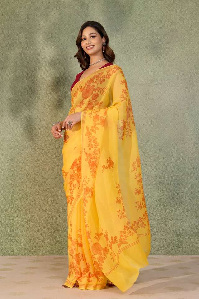 Yellow Screen Printed Pure Viscose Saree thumbnail image number null