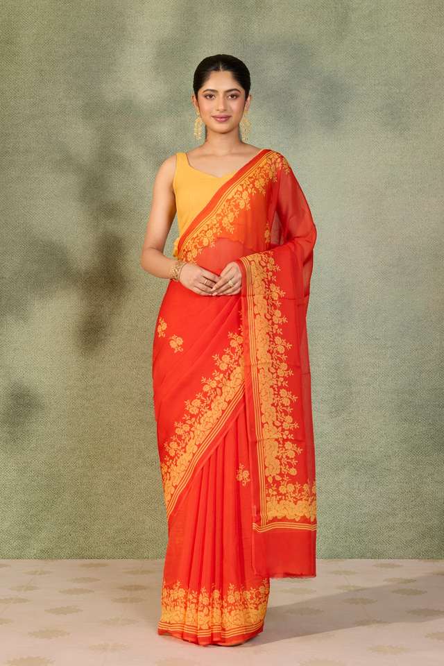 Dark Orange Screen Printed Pure Viscose Saree image number