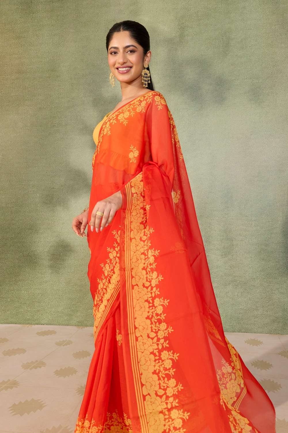 Dark Orange Screen Printed Pure Viscose Saree image number null