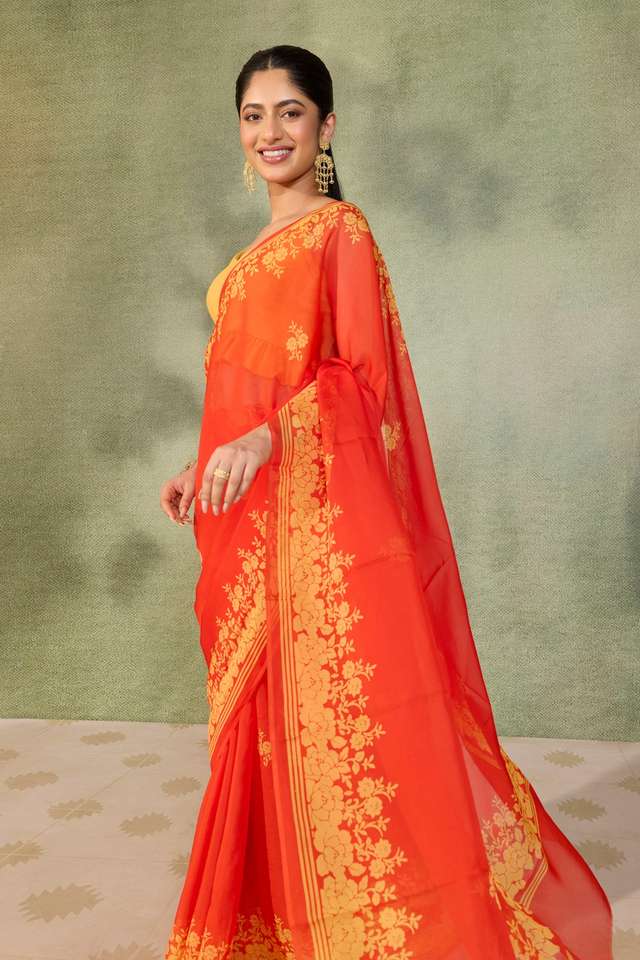 Dark Orange Screen Printed Pure Viscose Saree thumbnail image number null