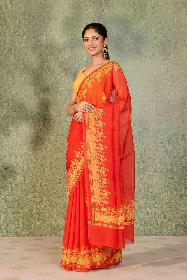 Dark Orange Screen Printed Pure Viscose Saree thumbnail image number null