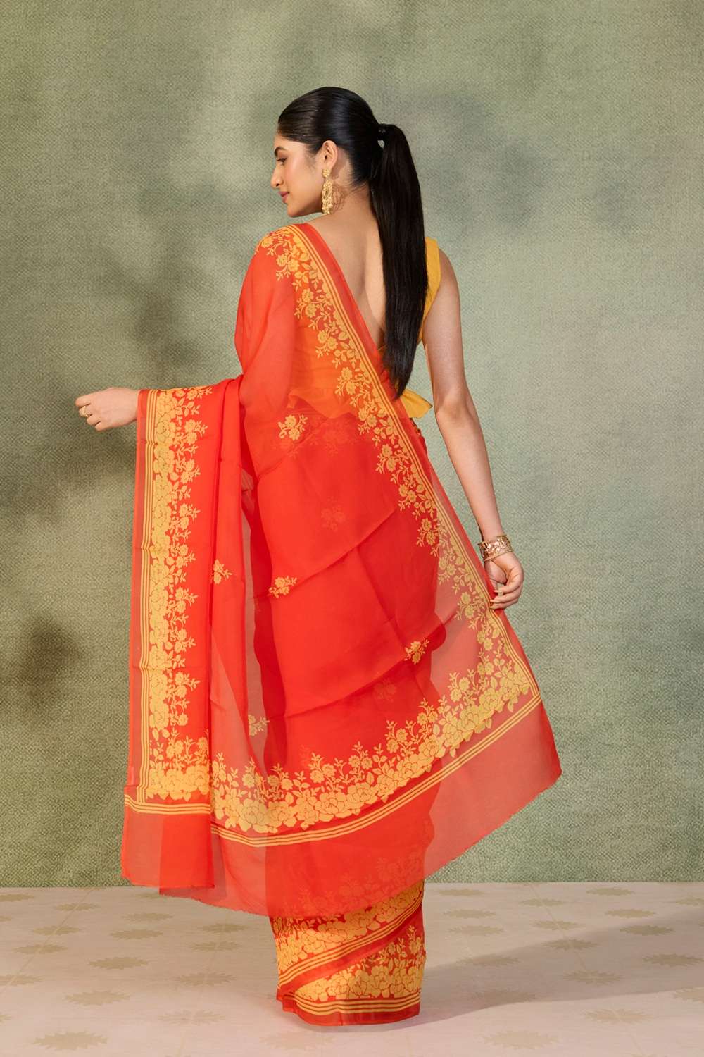 Dark Orange Screen Printed Pure Viscose Saree image number null