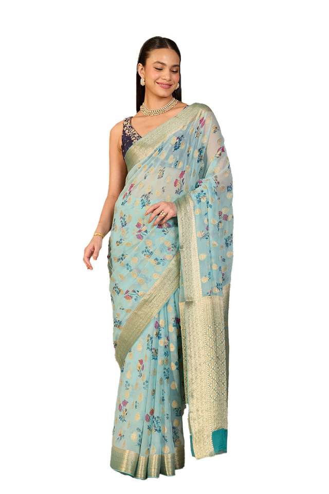 Light Blue Printed Viscose Georgette Saree image number