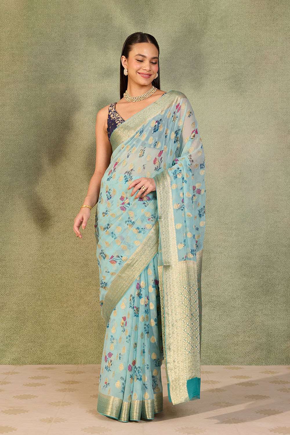 Light Blue Printed Viscose Georgette Saree image number null