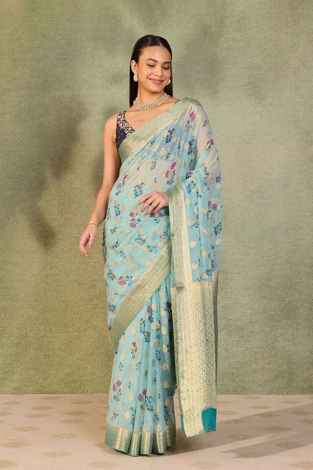 Light Blue Printed Viscose Georgette Saree thumbnail image number null