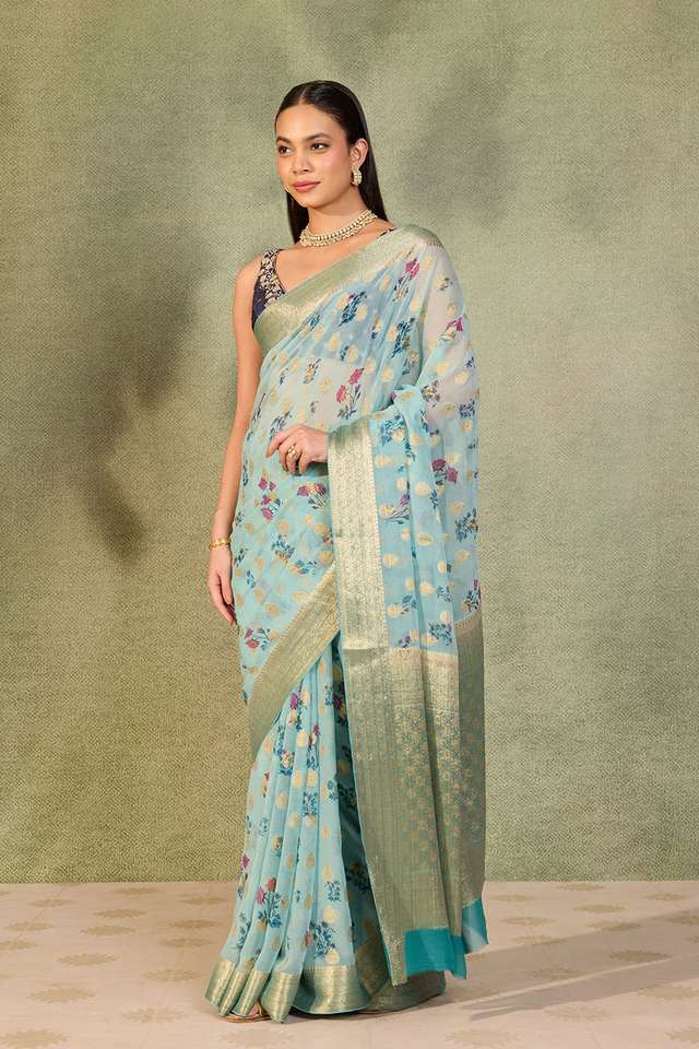 Light Blue Printed Viscose Georgette Saree thumbnail image number null
