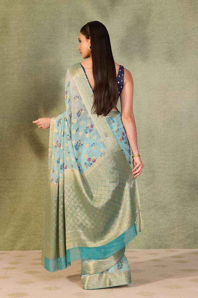 Light Blue Printed Viscose Georgette Saree thumbnail image number null
