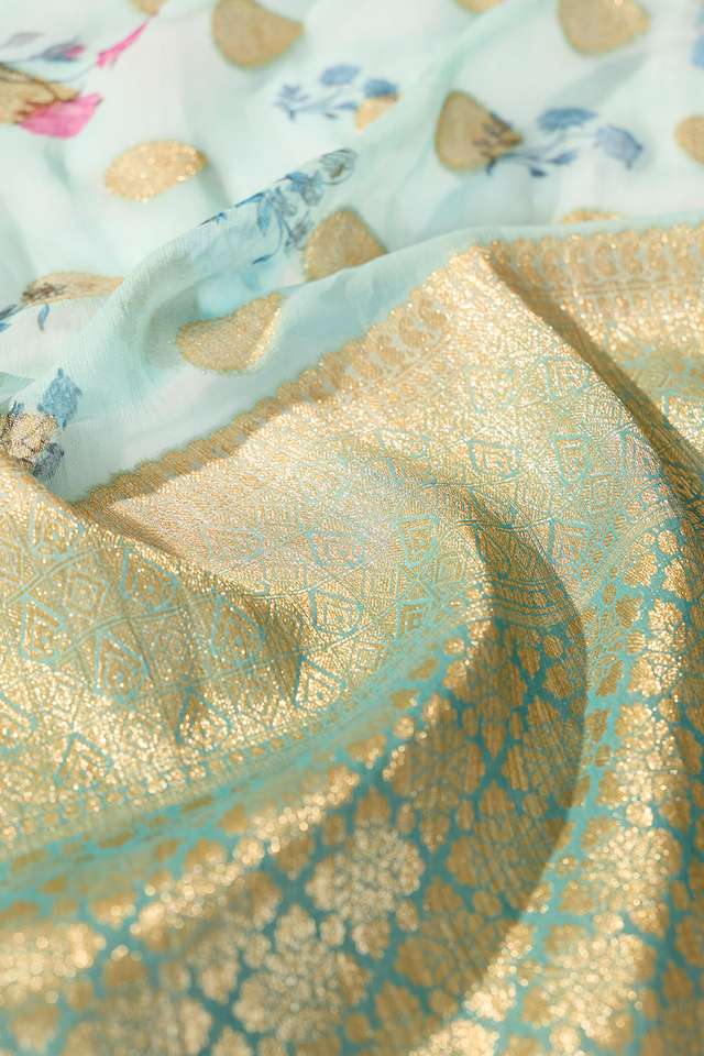 Light Blue Printed Viscose Georgette Saree thumbnail image number null