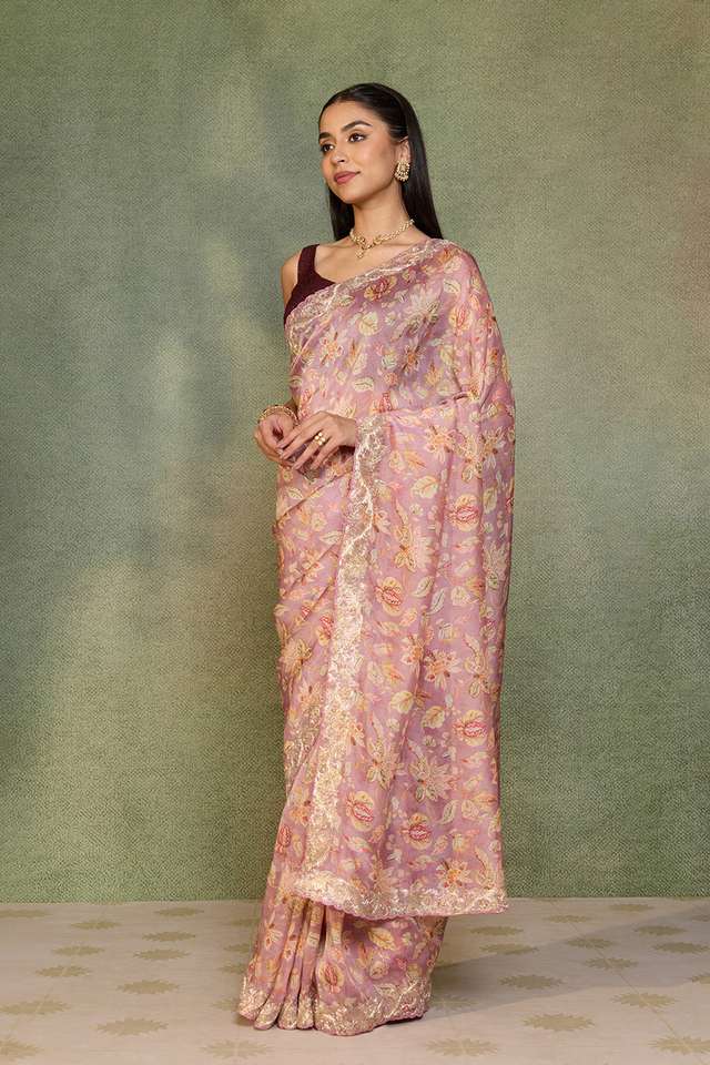 Light Violet Embroidered Pure Viscose Saree thumbnail image number null