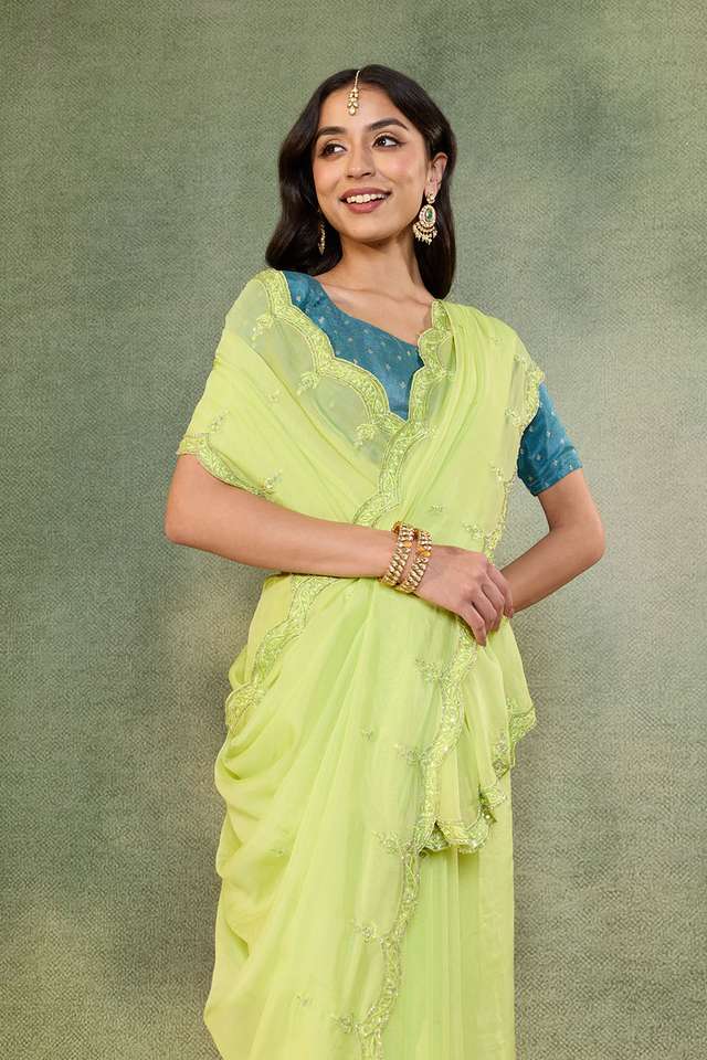 Light Green Viscose Organza Embroidered Saree image number