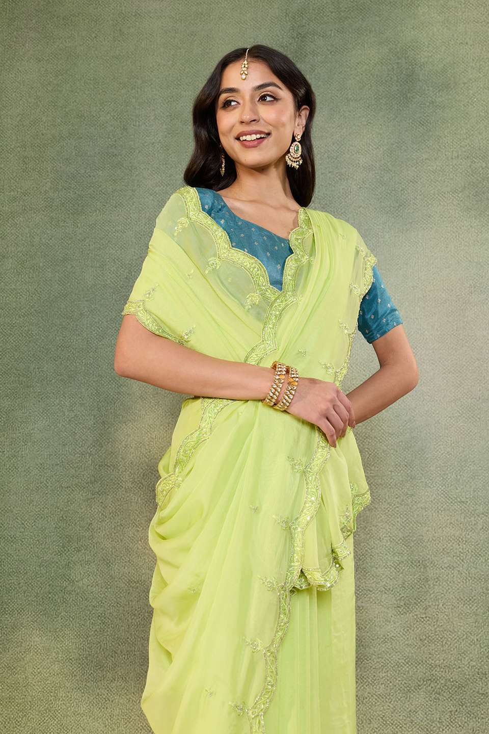 Light Green Viscose Organza Embroidered Saree