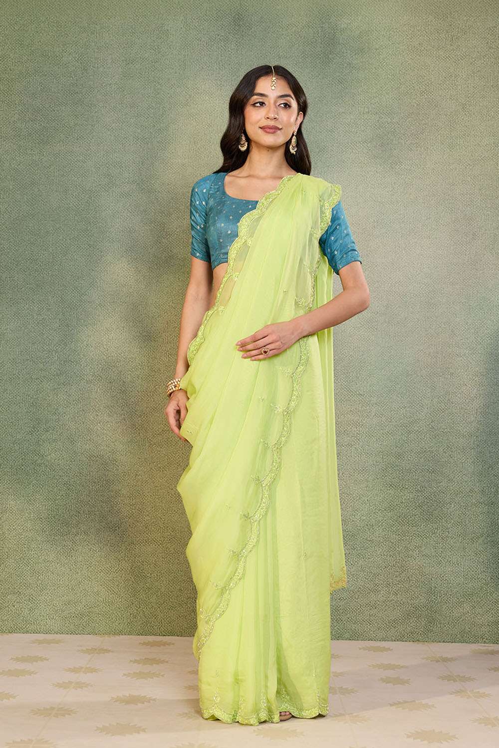 Light Green Viscose Organza Embroidered Saree image number null