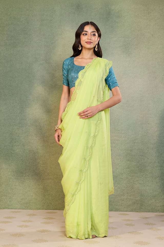 Light Green Viscose Organza Embroidered Saree thumbnail image number null