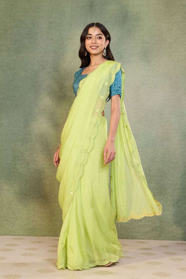 Light Green Viscose Organza Embroidered Saree thumbnail image number null