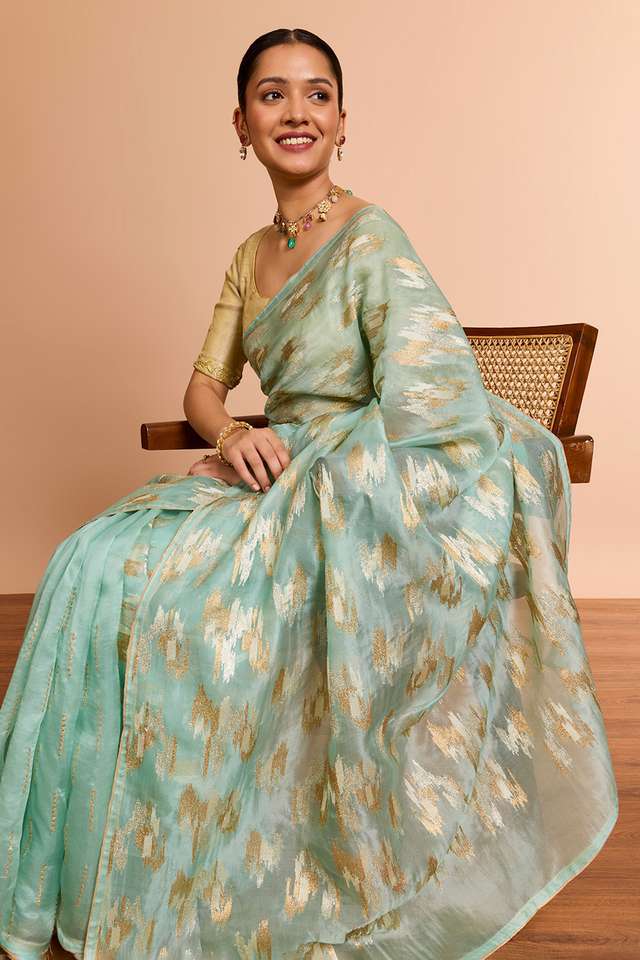 Light Blue Pure Silk Organza Embroidered Saree image number
