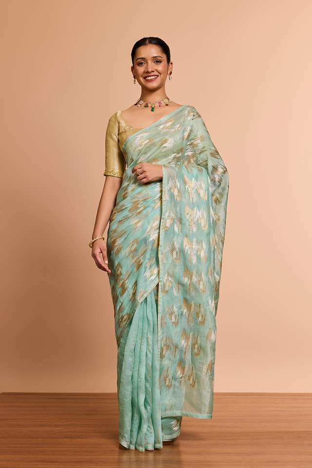 Light Blue Pure Silk Organza Embroidered Saree thumbnail image number null