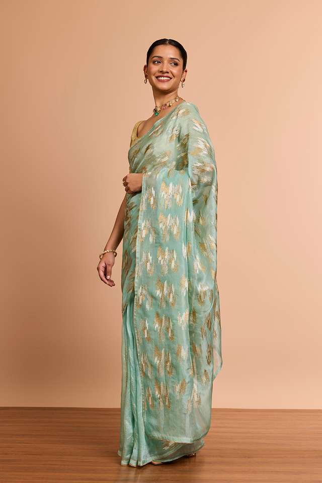 Light Blue Pure Silk Organza Embroidered Saree thumbnail image number null