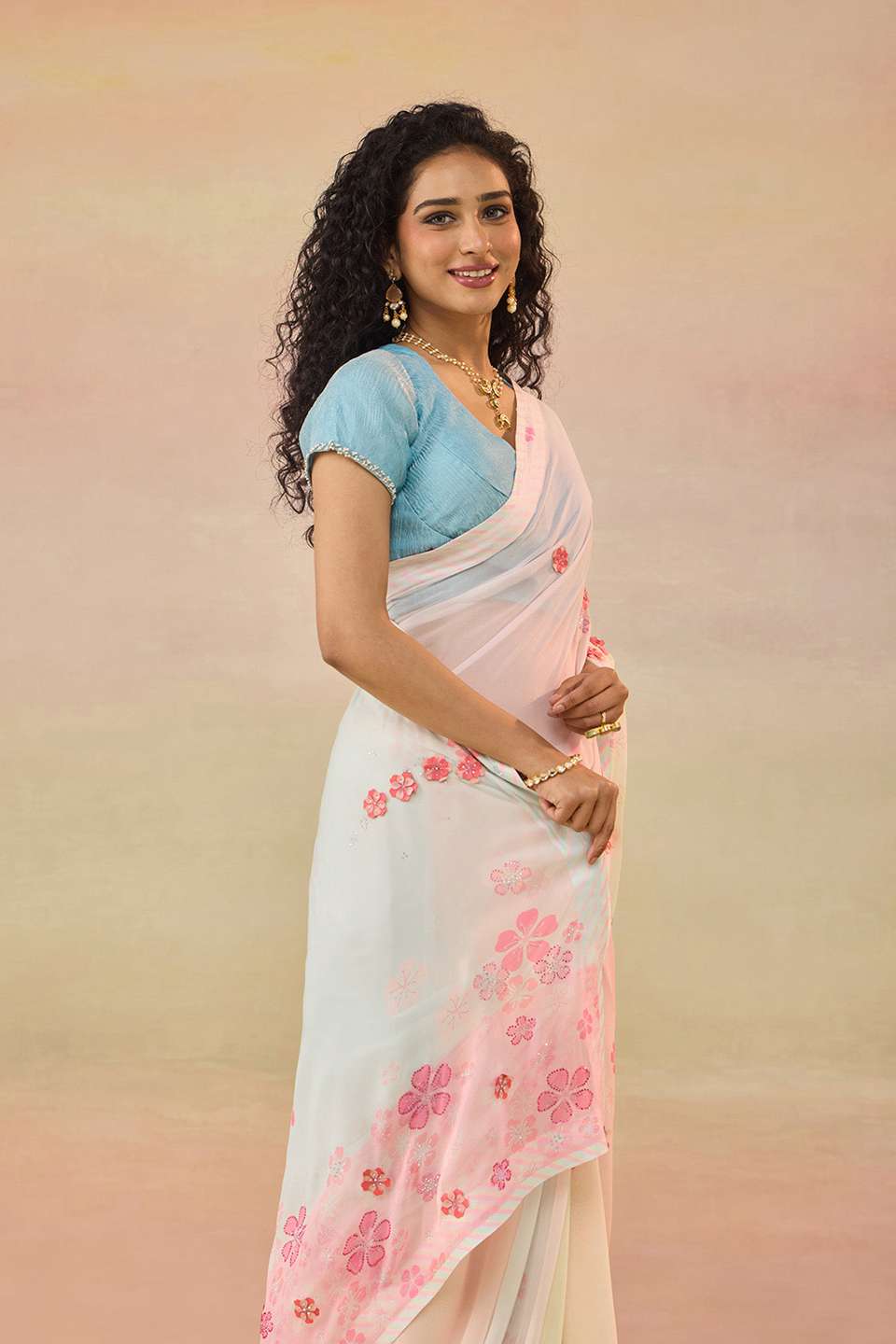 Light Pink Printed Viscose Georgette Saree