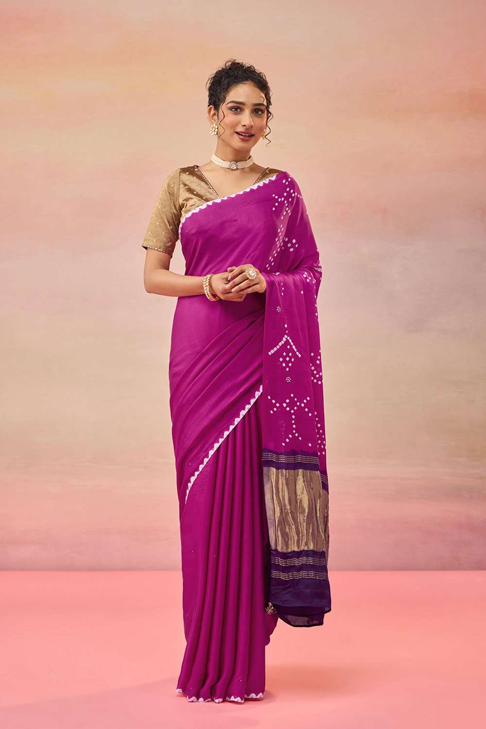 Pink Gujarat Pure Satin Tie & Dye Bandhni Saree image number null